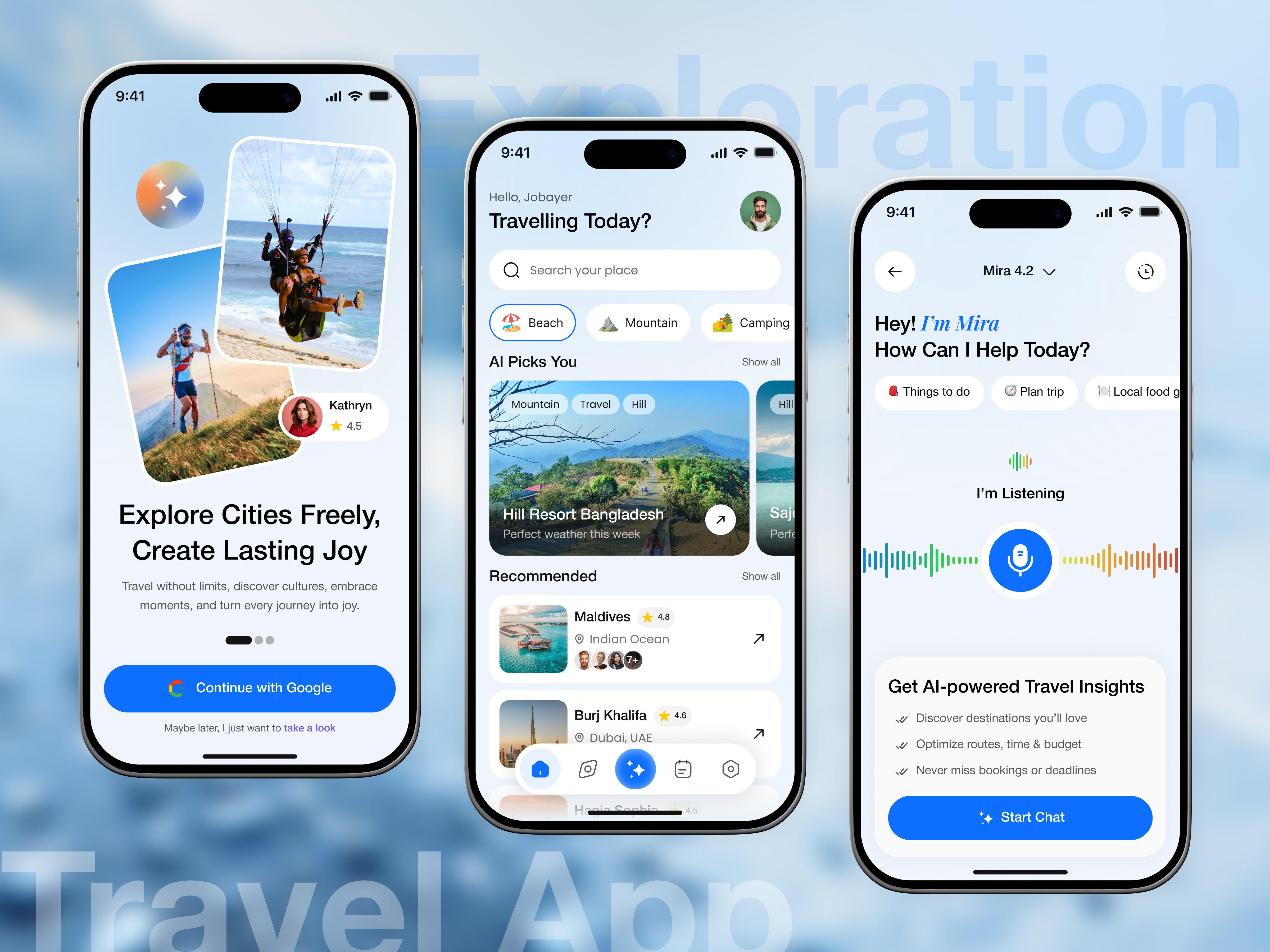 Travel App UI with AI Assistant adventure ai ai app ai travel booking booking app bot chatbot chatgpt gpt mobile application mobile ui tour tourism travel travel agency travel app travel booking ui vacation app