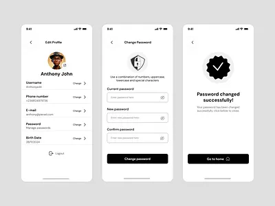 User profile and Password change screen app ui ux