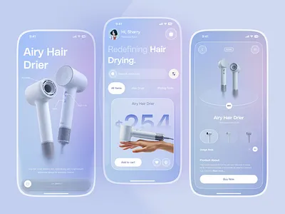Hair Drier – Product Mobile App UI 3d product app design clean ui digital product ecommerce app glassmorphism ios app marketplace app minimal ui mobile app mobile ecommerce modern ui product design product page product showcase product ui shopping app ui design ux design