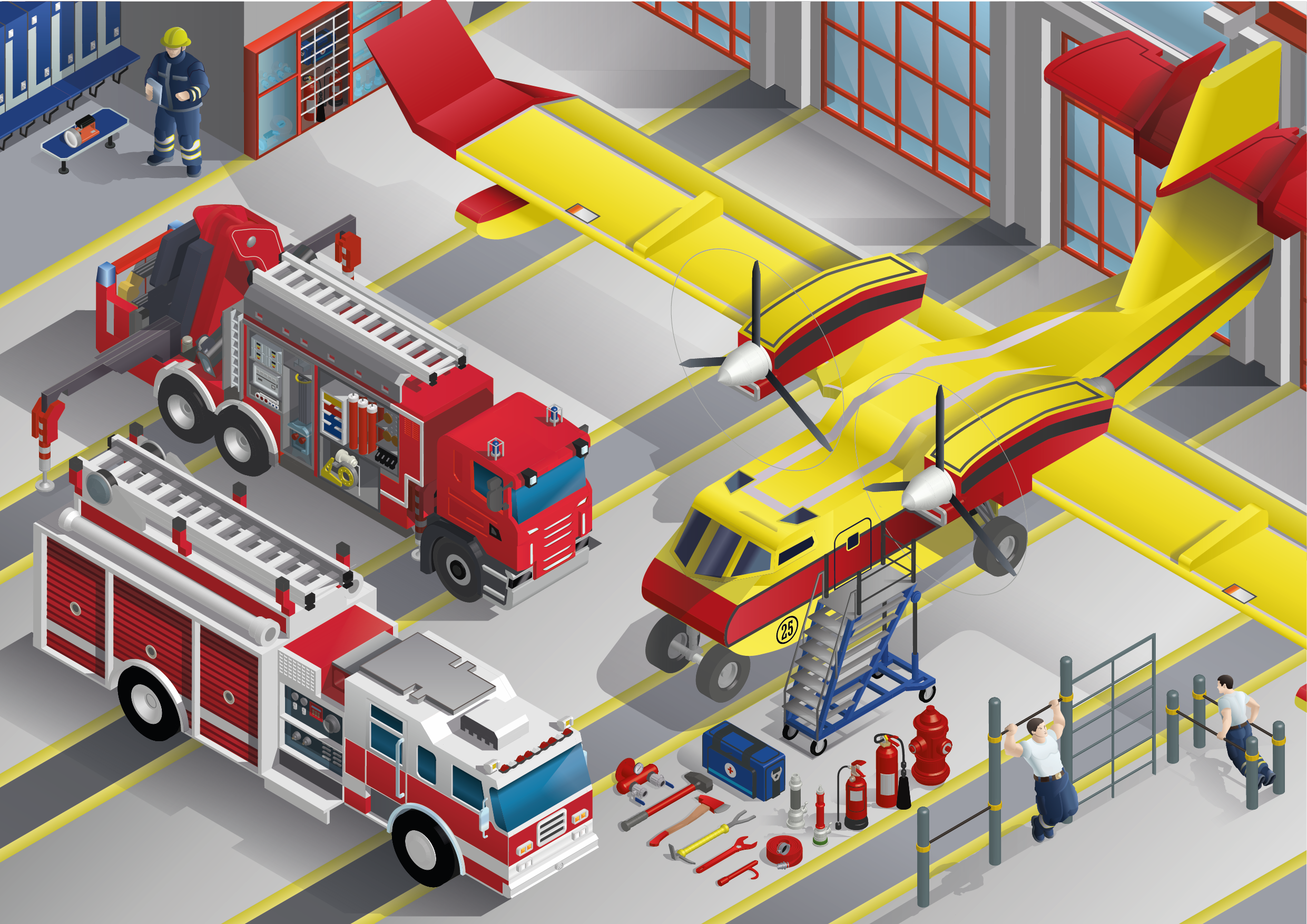 Firefighter Station: High-Detail Isometric Vector Scene 3d adobe illustrator animation clean vector game art game graphics graphic design infographic assets isometric isometric art isometric design low poly map design motion graphics saas technical drawing ui vector art vector assets vector illustration
