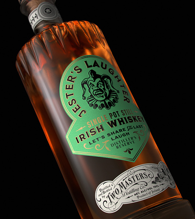 Jester's Laughter - Irish Whiskey bottle cgi design distillery illustration irish jester label packaging spirits typography vintage whiskey whisky