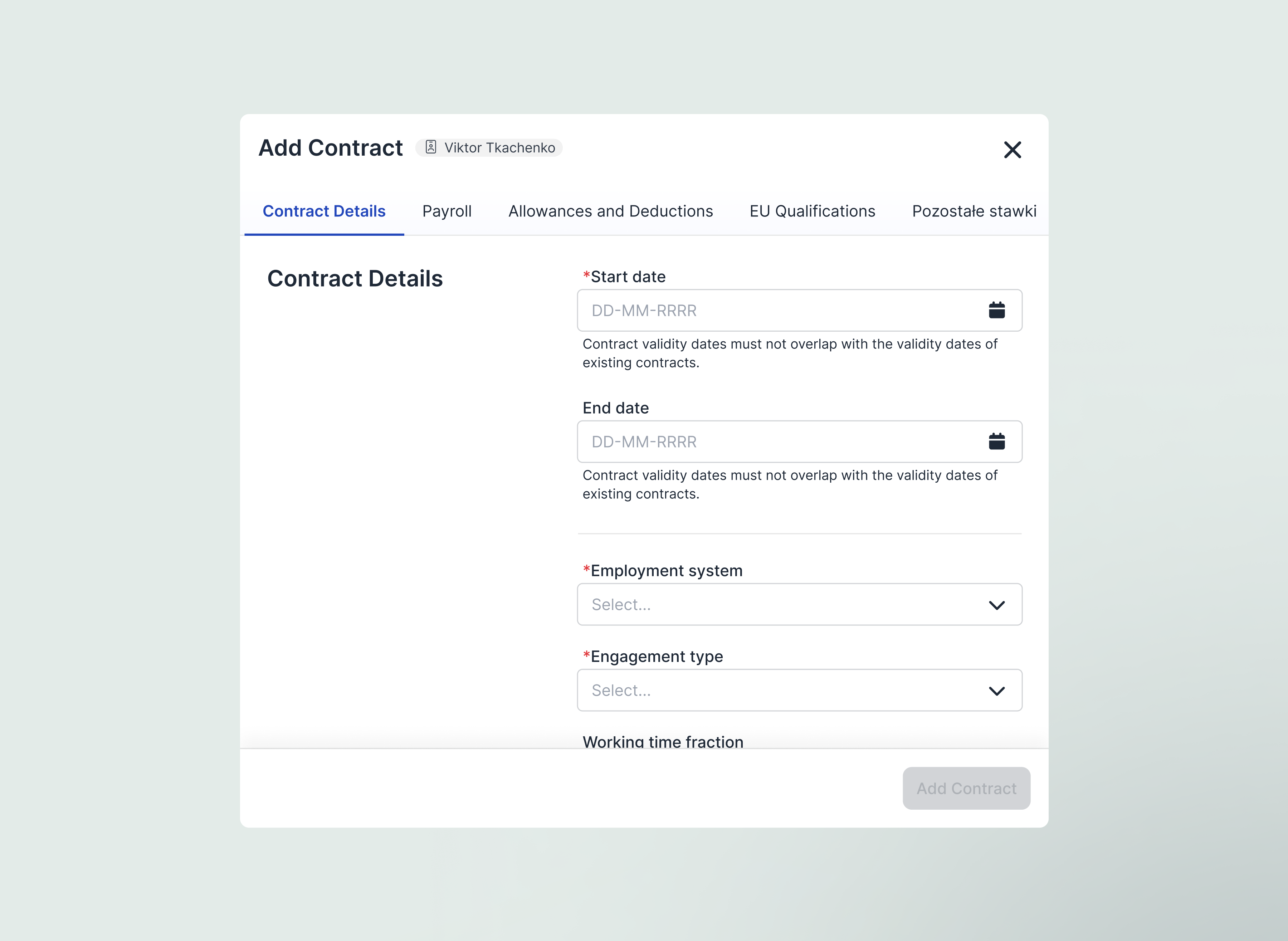 Easytacho - Modal contract add contract creation desktop platform ui desktop ui driving platform form form ui modal ui saas
