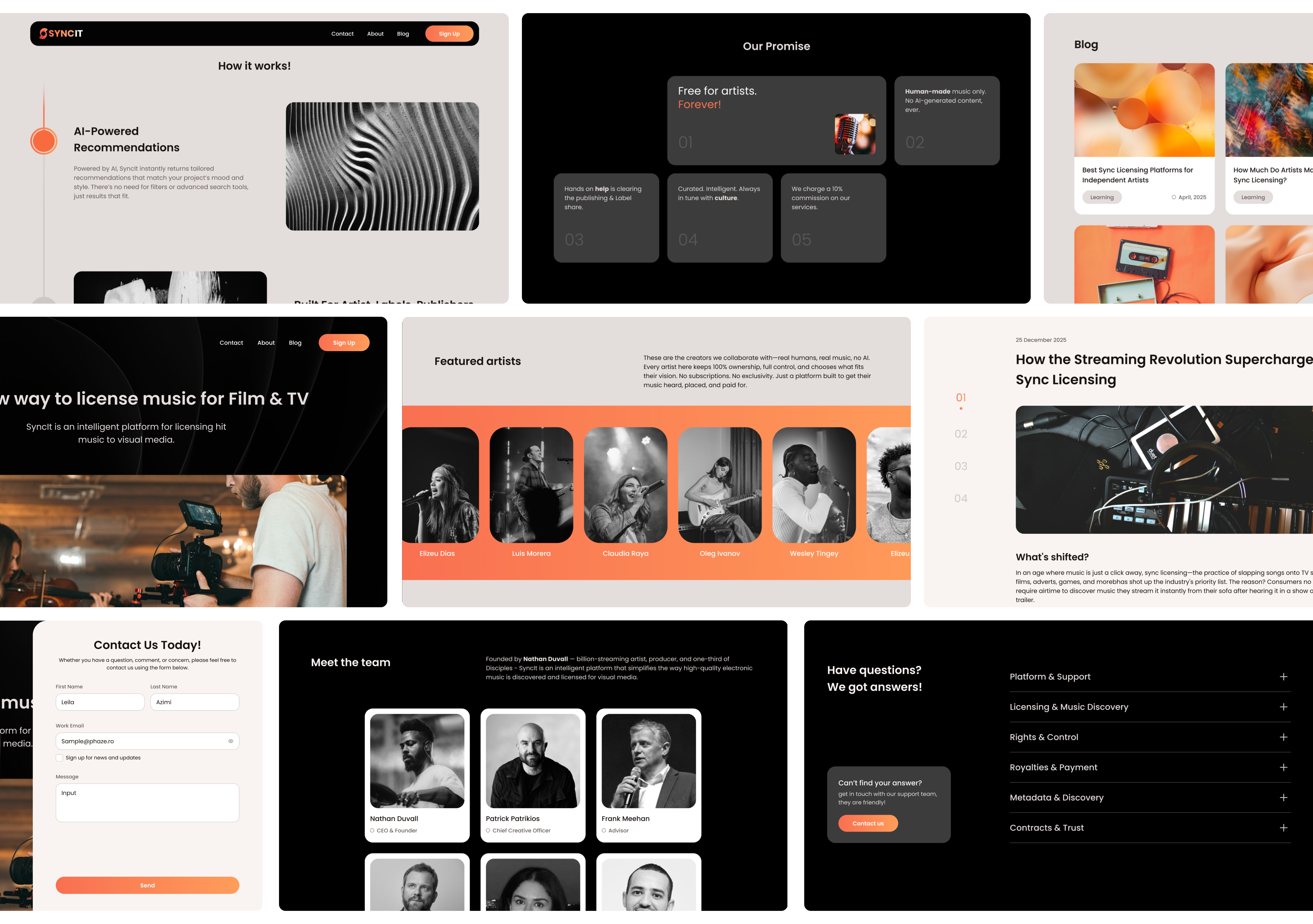 Syncit Website — AI Dashboard for Music Discovery about ai aiproduct branding carddesign dashboarddesign designsystem faq hero list llm modern musicplatform navigation saas startup ui uxdesign website