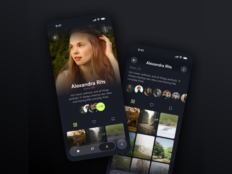 Photo Community, User Profile UI aplication app community concept dark mode design ios minimal mobile modern photographer portfolio social social app ui user profile