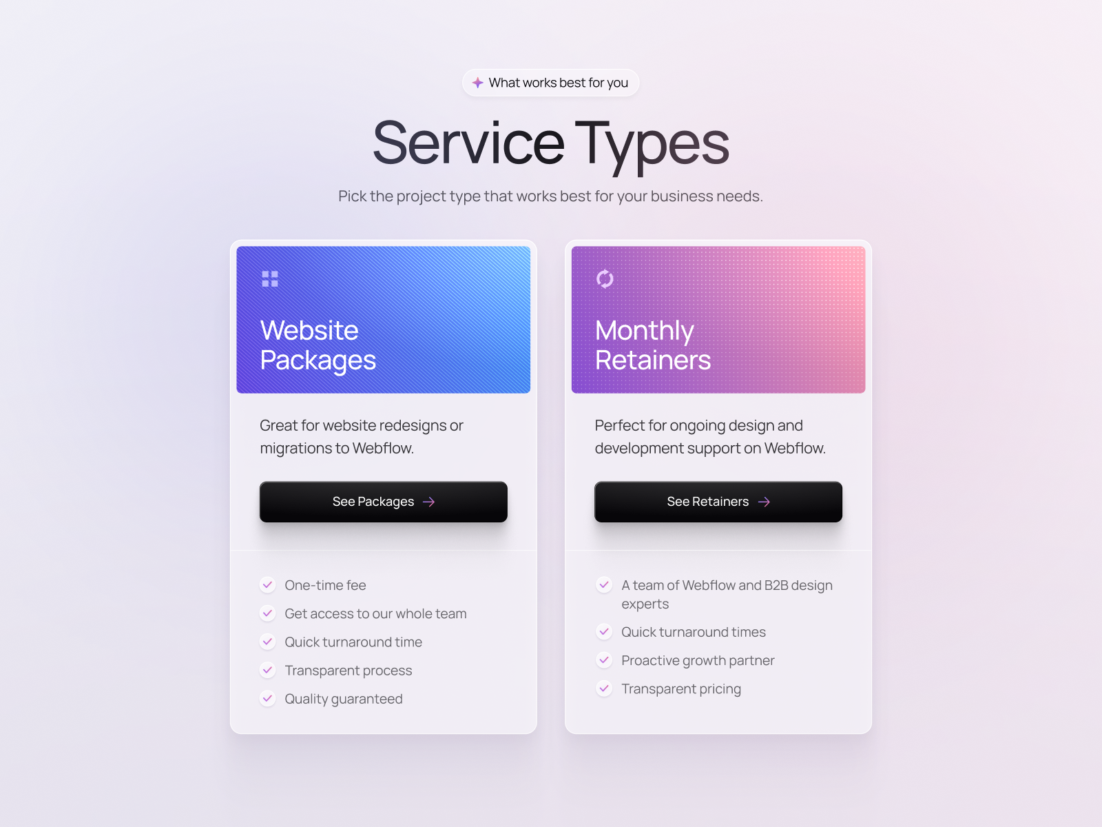 Service Types Pricing Cards UI agency website b2b design clean ui conversion design gradient ui landing page pricing cards pricing section service types ui design web design webflow