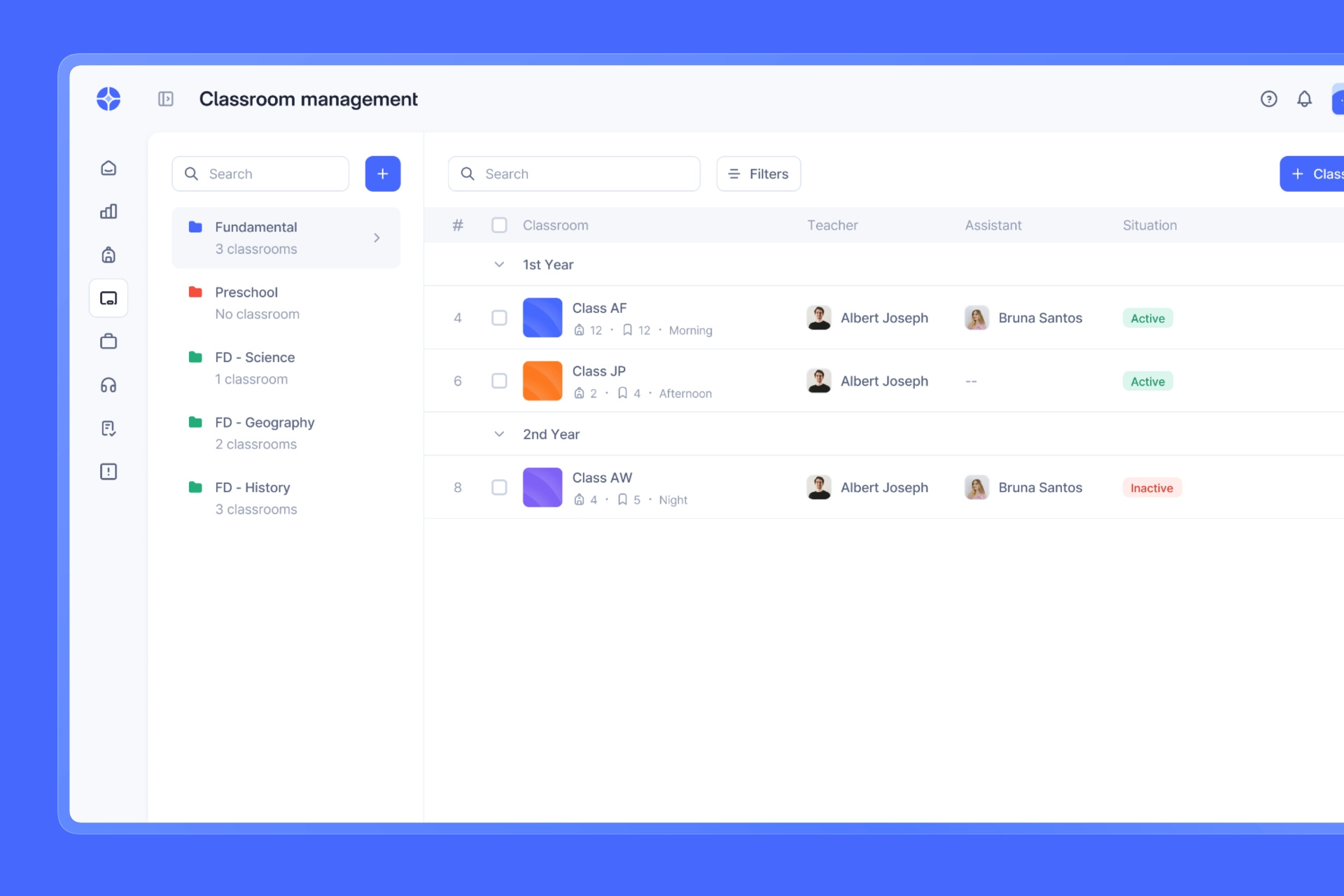 Classroom management SaaS adobe xd blue classroom clean design figma list management saas sketch student table tags ui