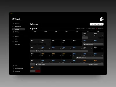 Wander - Bookings Calendar admin airbnb booking calendar dark mode dashboard guest hospitality hotel product design reservation saas software stay travel ux vacation web app