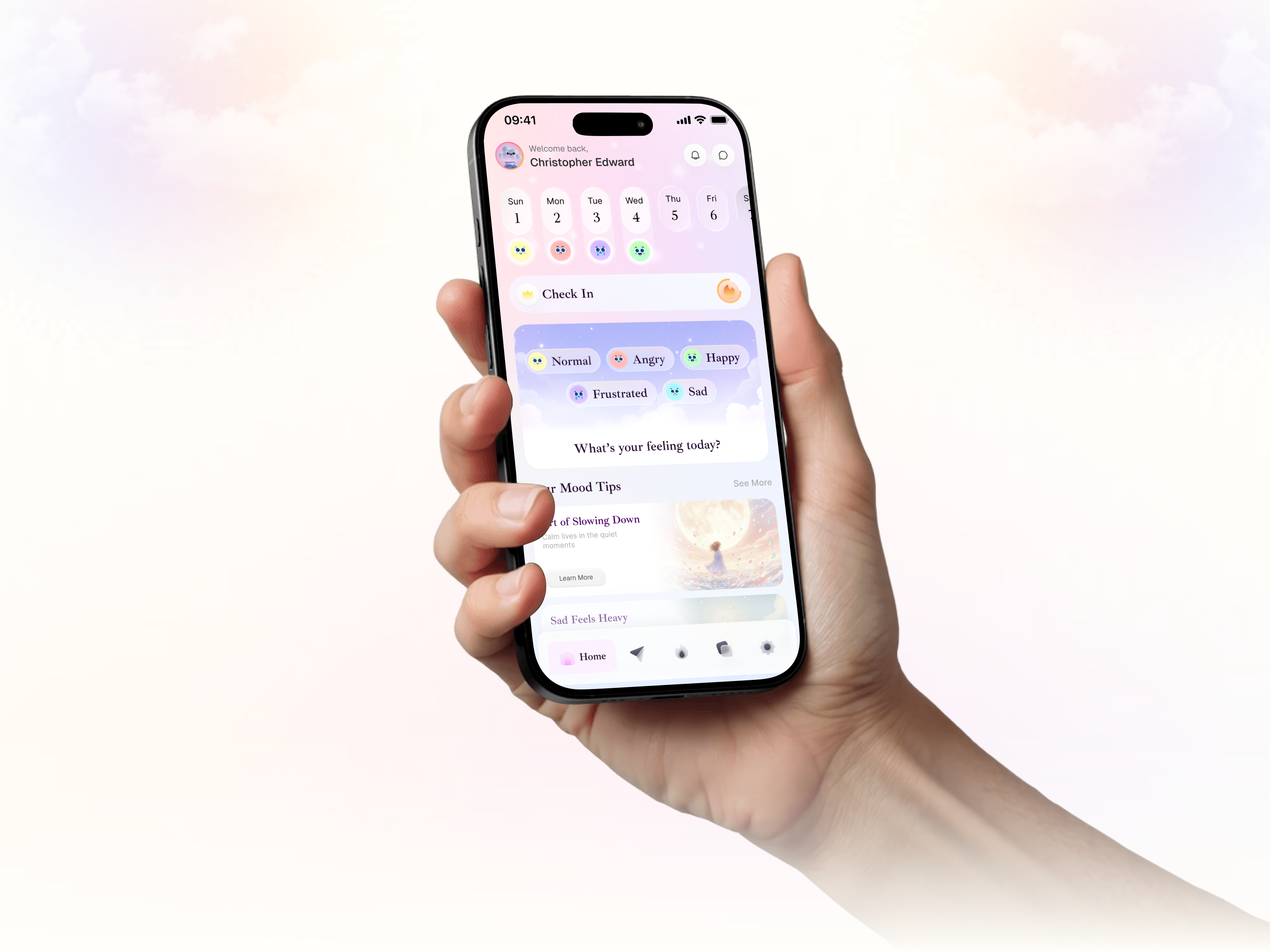 Calyra - Mood Tracker Apps app design digital wellbeing emotion tracker emotional tracking emotional wellbeing fun design health journal judha meditation app mental health mental health app minimal ui mood log mood tracker product design saas self care soft design wellness app