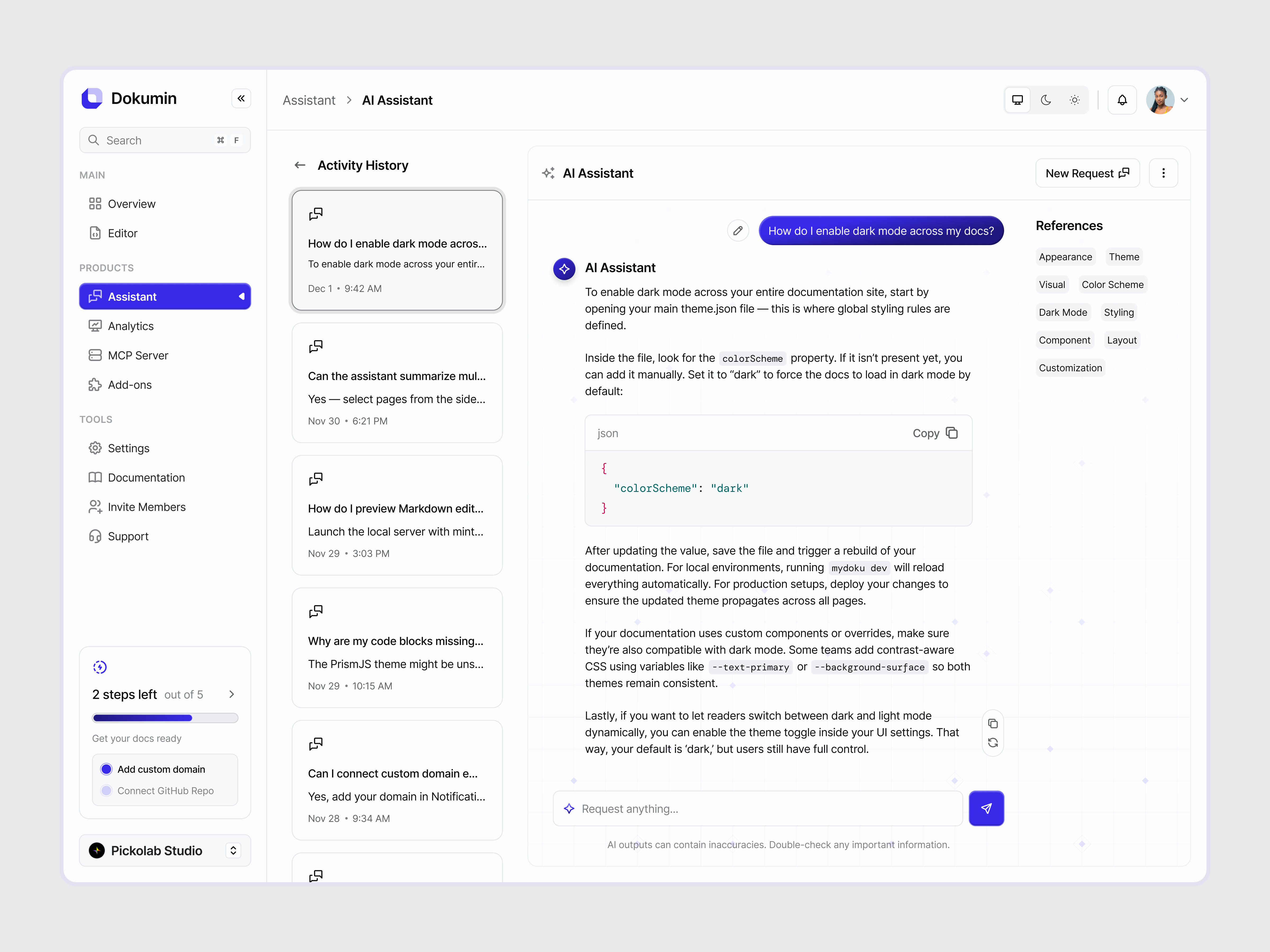 Document Intelligent Dashboard AI Assistant Page ai ai assistant ai assistant dahsboard code dashboard design developer document document dashboard documentation engineering documentation minimal modern procedure programming ui ui design ux design website