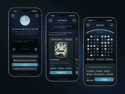 CineMate - AI Cinema Booking Mobile App 3d ai ai cinema booking animation app booking branding cinema cinemate clean design film graphic design illustration mobile app motion graphics simple ui ux website