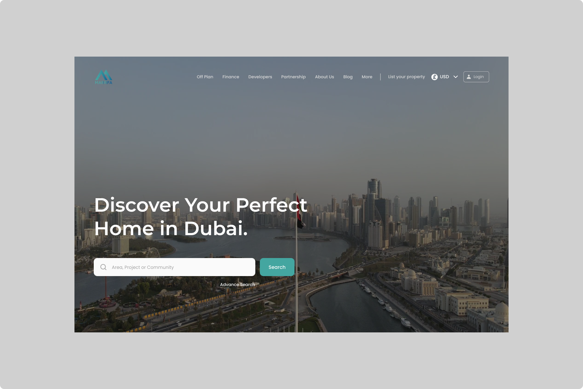 Real Estate Website Hero – Dubai Property Finder UI app design branding clean ui design dubai figma hero section homepage illustration logo personal finance property search real estate website responsive design ui ui design web design