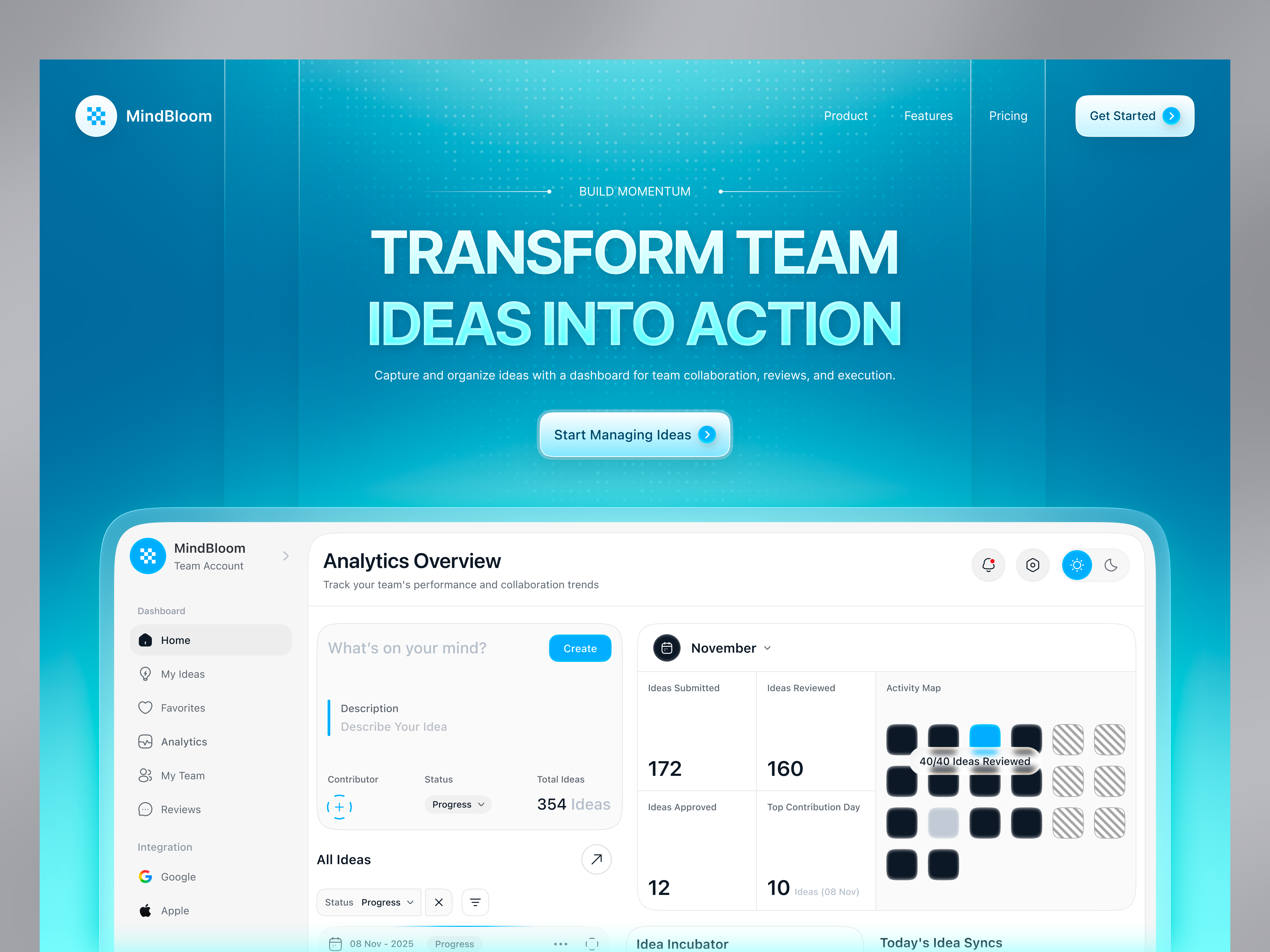Idea Management Dashboard - Landing Page analytics dashboard b2b saas clean ui collaboration dashboard dashboard ui design system enterprise dashboard idea dashboard idea management innovation management interaction design landing page modern ui product design saas dashboard team collaboration ui design ux design web app workflow dashboard