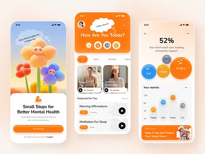 Mental Health App UI – Mood Tracking, Meditation & Daily Care animation app concept daily habits health app ios app designer meditation app meditation ui mental care app mental health mental wellness mindfulness mobile mobile app design mood tracker mood tracking mvp app self care ux design wellness app wellness ui