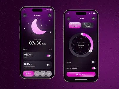 Alarm Clock Mobile App UI/UX Design alarmclockapp androidappdesign appinterface appui clockapp conceptapp darkmodeui glassmorphism iosappdesign minimalui mobileappdesign neumorphism productdesign sleepapp smartalarm timemanagement uidesign uiuxdesign uxdesign