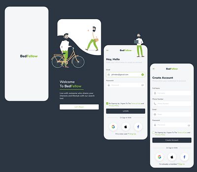 BedFellow Application app design typography ui ux