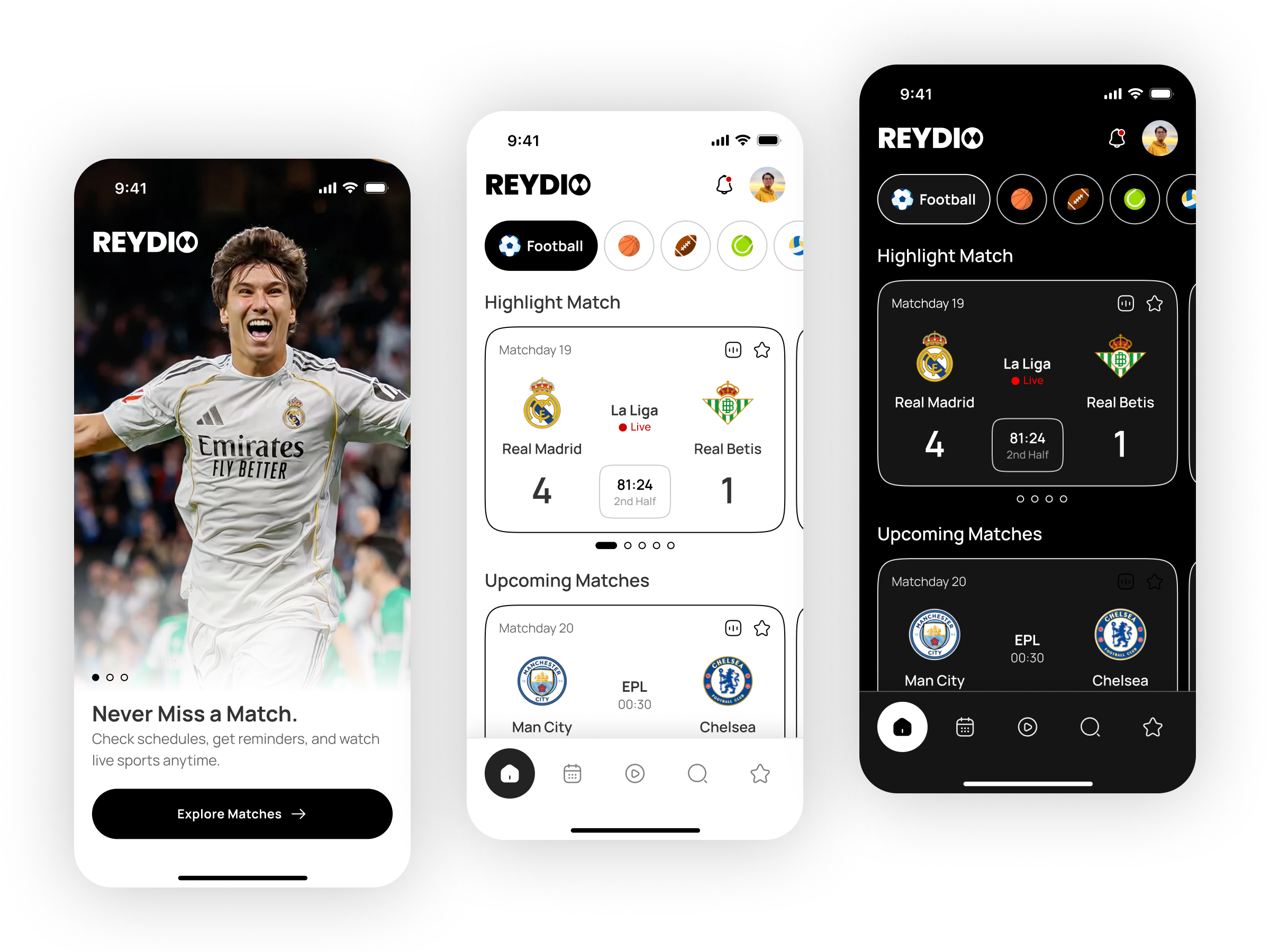 Sports Schedule & Live Streaming App app appdesign branding design football graphic design illustration logo mobile mobileapp real madrid sport ui vector