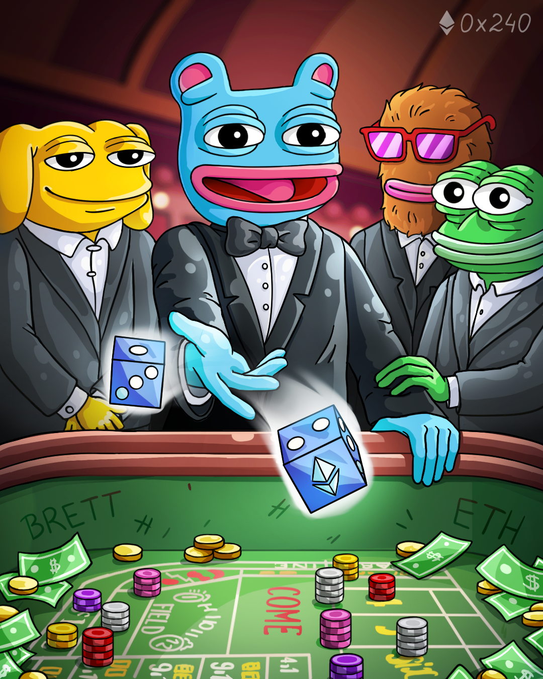 BRETT memecoin: Boys Club in Casino 🎲 2d art branding brett casino crypto crypto art cryptocurrency ctypto artist digital illustration ethereum gambling illustration matt furie meme meme art meme coin memecoin pepe web3 web3 designer