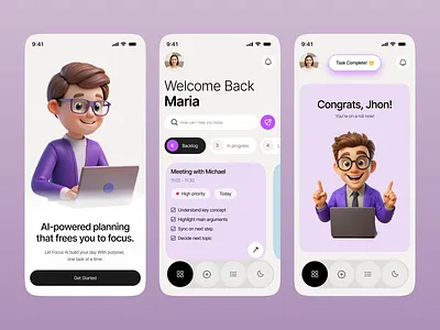 Driven: AI-Powered Productivity Mobile App 3d 3d character ai branding clean ui daily planner dashboard glass morphism minimalist mobile mobile app mobile app design mobile interface planner app product design productivity task management task tracker ui uiux
