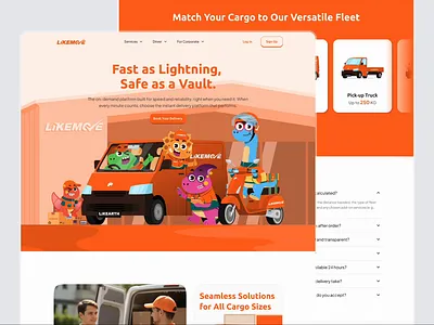 LikeMove Shipping Delivery App | Duolingo style app design branding character dinosaur duolingo illustration logo mascot orange ui design ux design web design