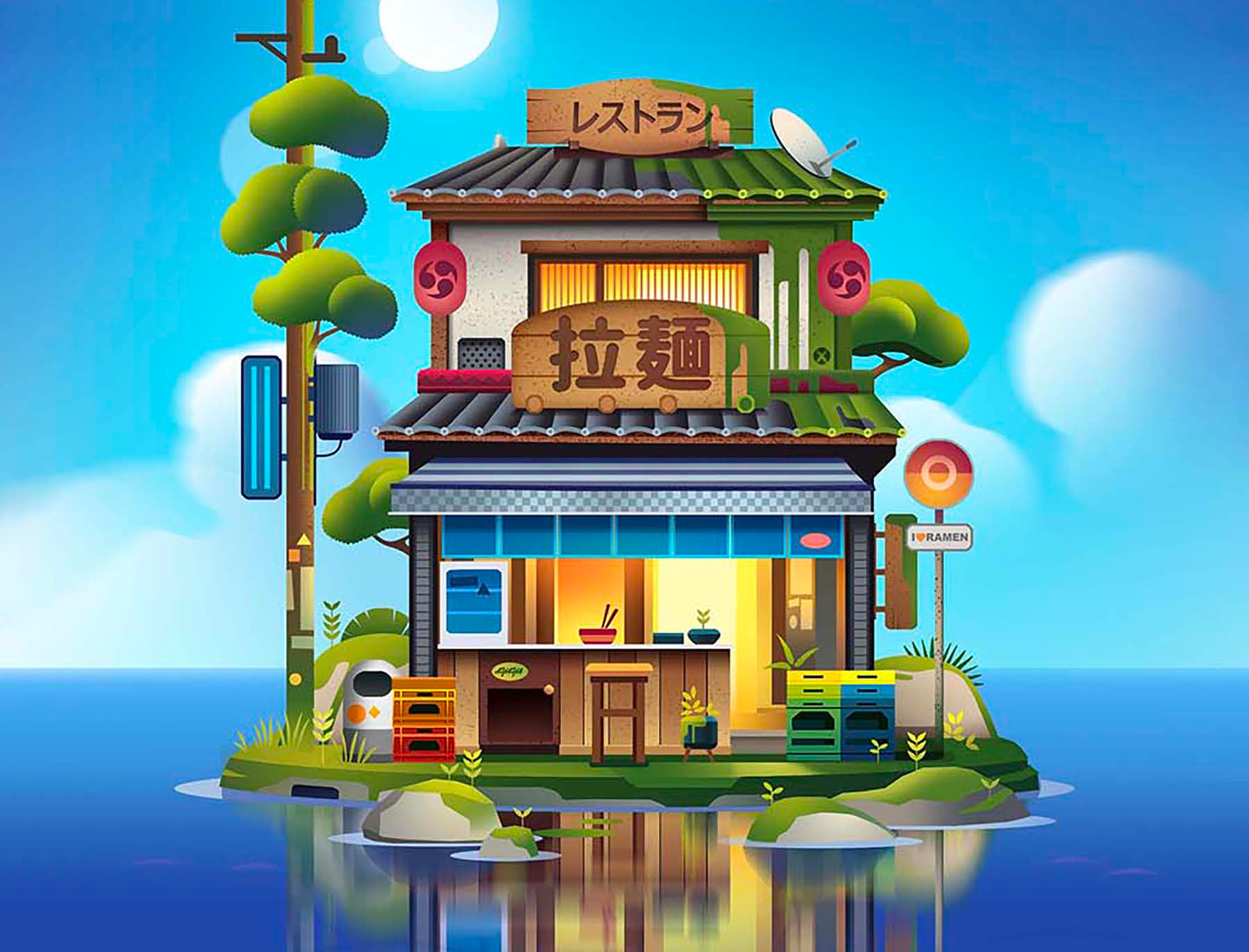 Ramen island 🍜 animation anime cool illustration island japan japanese light nature ocean rame ramenisland series