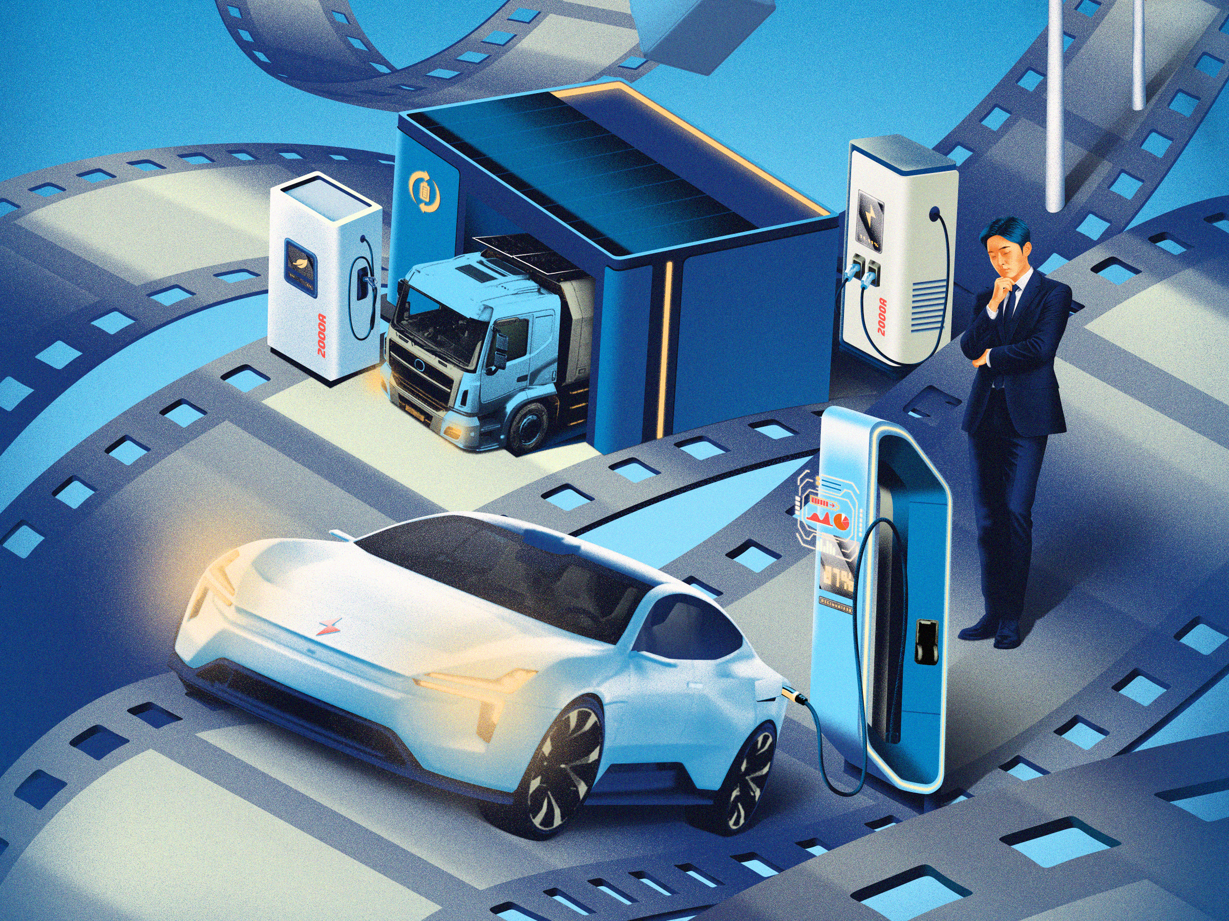 The Journey of the Industry branding cars charging charging stations cover design film illustration man movies trucks