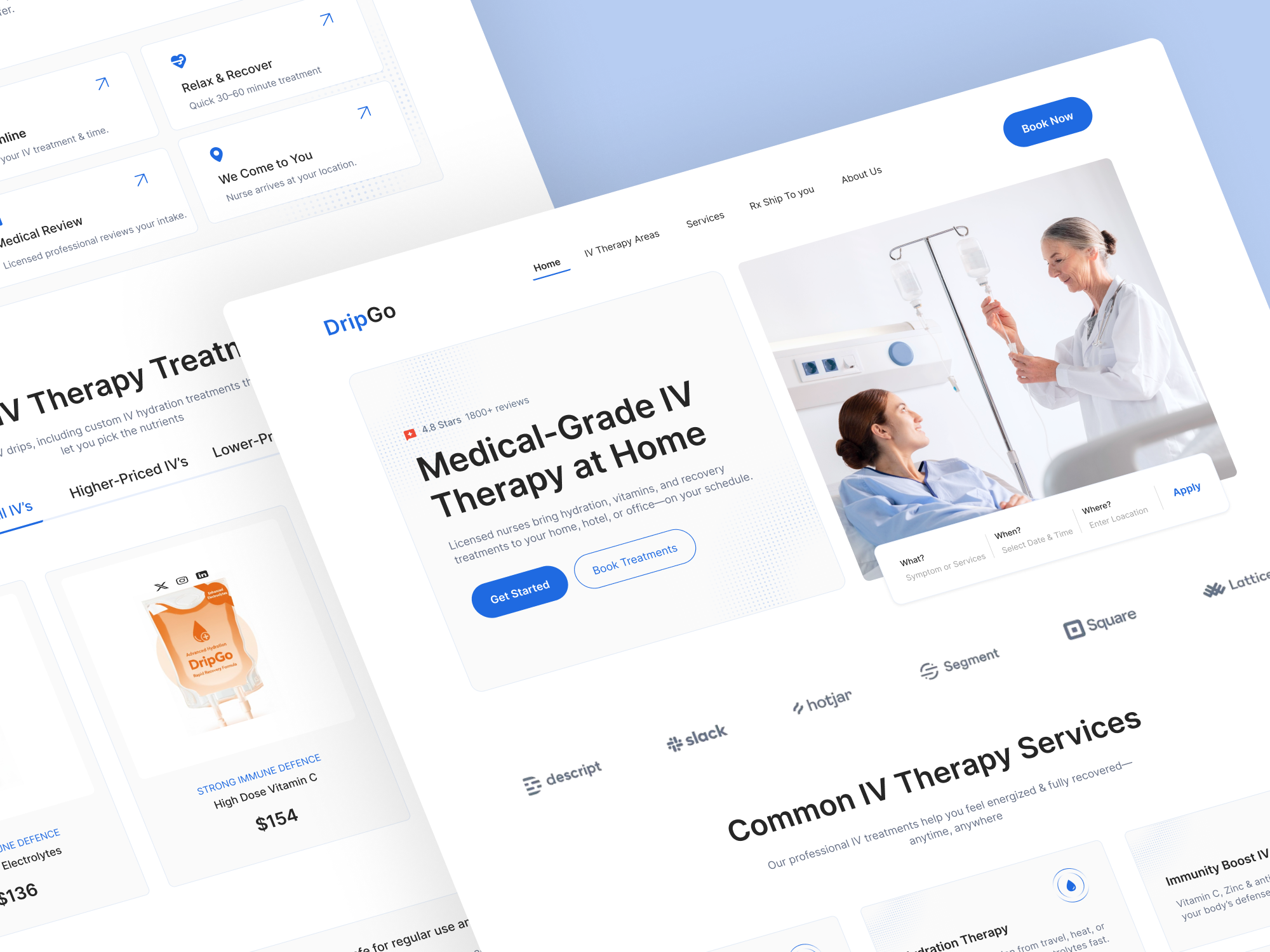 DripGo – Medical-Grade IV Therapy Website design designer digitalhealth figma healthcare homepage iv therapy landing page medical medicalui service uidesign uxui web design website