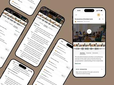 Video Transcript and Commenting ai app comment education embed generate mobile mute pause play playe summary teacher timeline timestamp transcript ui ux video voice