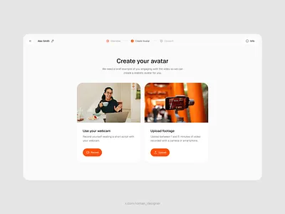 Create your avatar button cards choice flow funnel interaction light minimal onboarding orange progress radio stepper ui ux white
