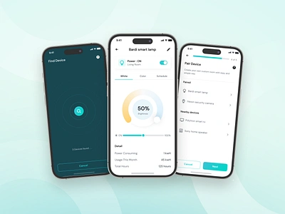 Oklahome - Search Device, SmartLamp, and Pair Device app clean connect cyan device electronics home mobile mobile app mobile design pairing search device smart smart house smart lamp smarthome statistic ui ui design ux