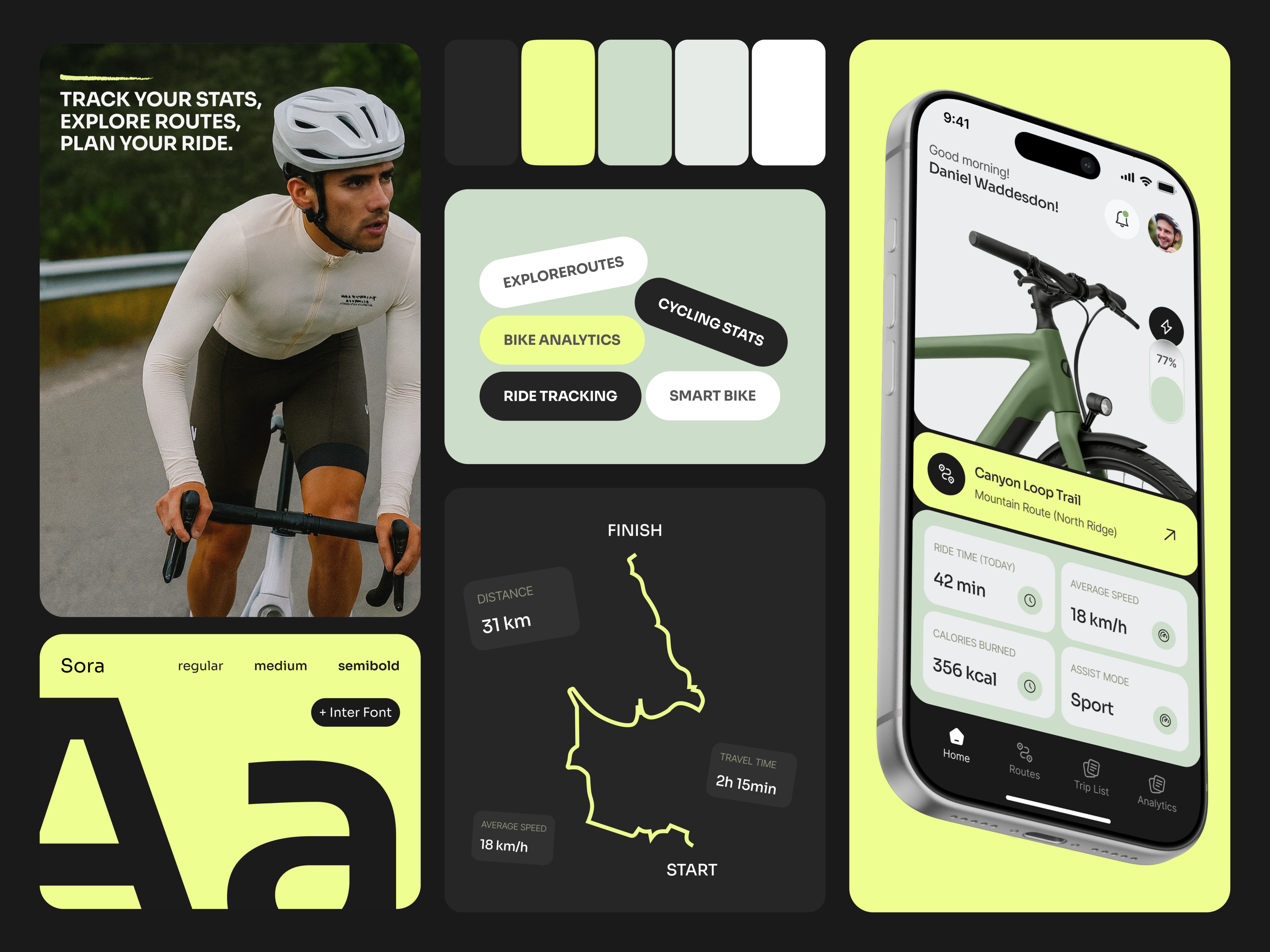Velovia — Smart Cycling Companion bicycle branding dark theme design health illustration logo mobile mobile app mountains ui ux wellness