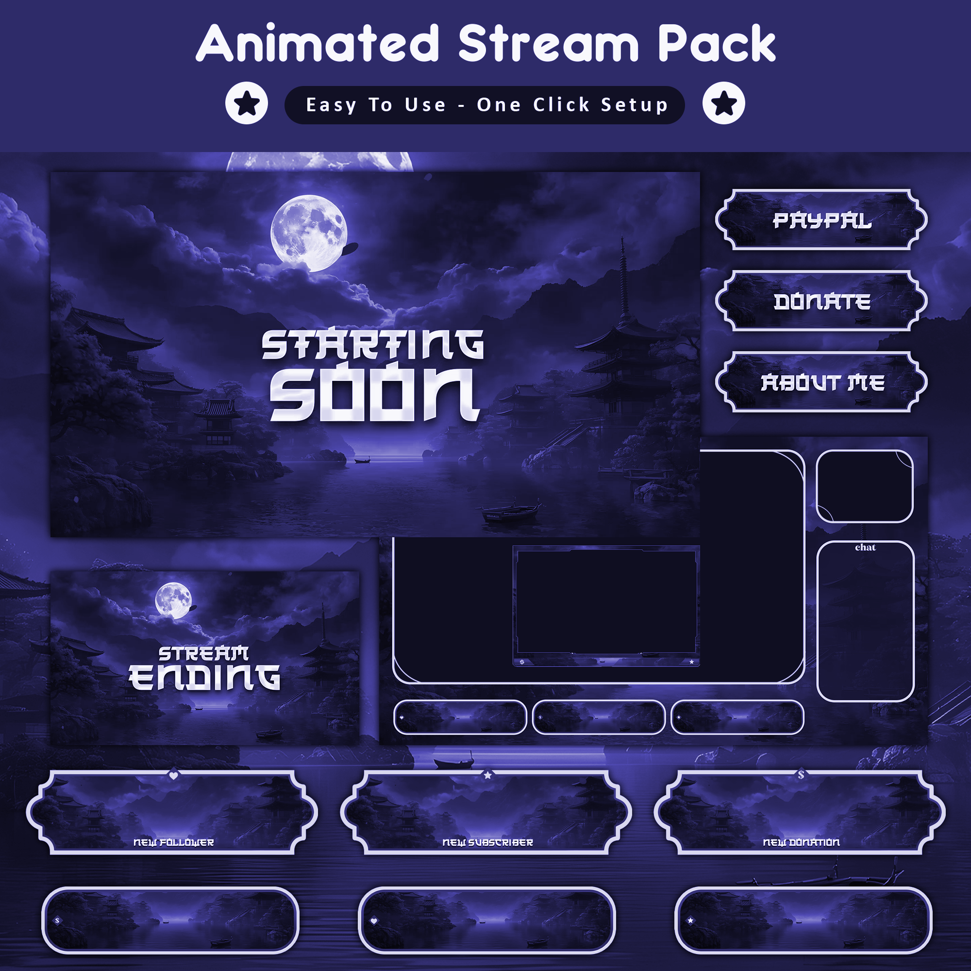 SAMURAI MOON STREAM OVERLAY I TWITCH OVERLAY animated stream pack facecam frame gaming overlay kick overlay live stream design live stream overlay obs overlay starting soon screen stream overlay stream overlays stream package stream panels stream screens streamlabs overlay twitch alerts twitch overlay twitch stream pack vectorkingstudio vtuber overlay youtube overlay