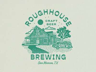Roughhouse Brewing barn beer branding brewery brewing building building illustration design graphic design hill country illustration illustration art logo nature texas texture truck typography vector vintage