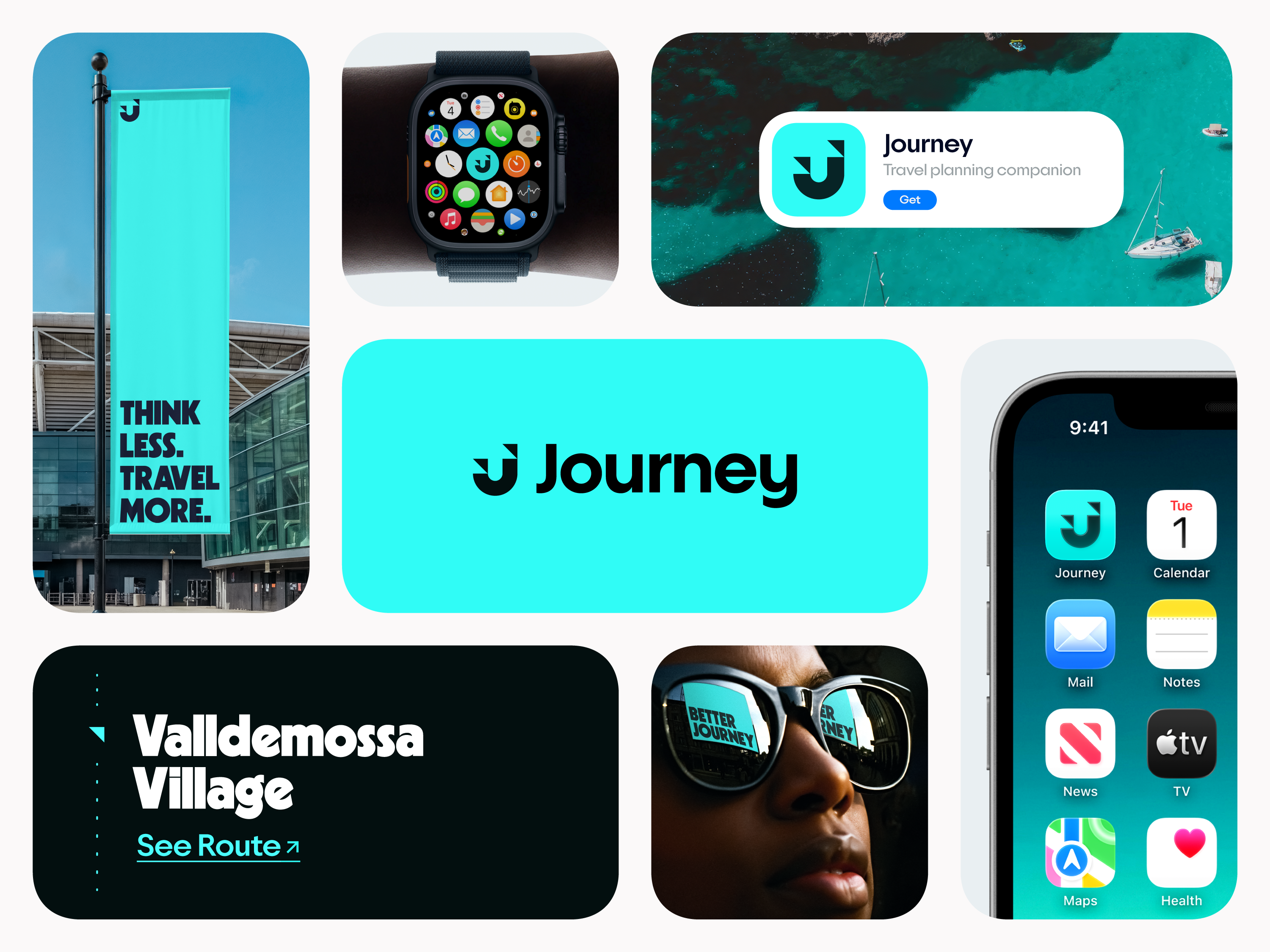Journey — Travel planning companion adventure app design artificial intelligence brand identity branding cyan destination explore logo logo design logotype modern branding modern logo startup branding tech branding travel travel app travelling trip vibrant