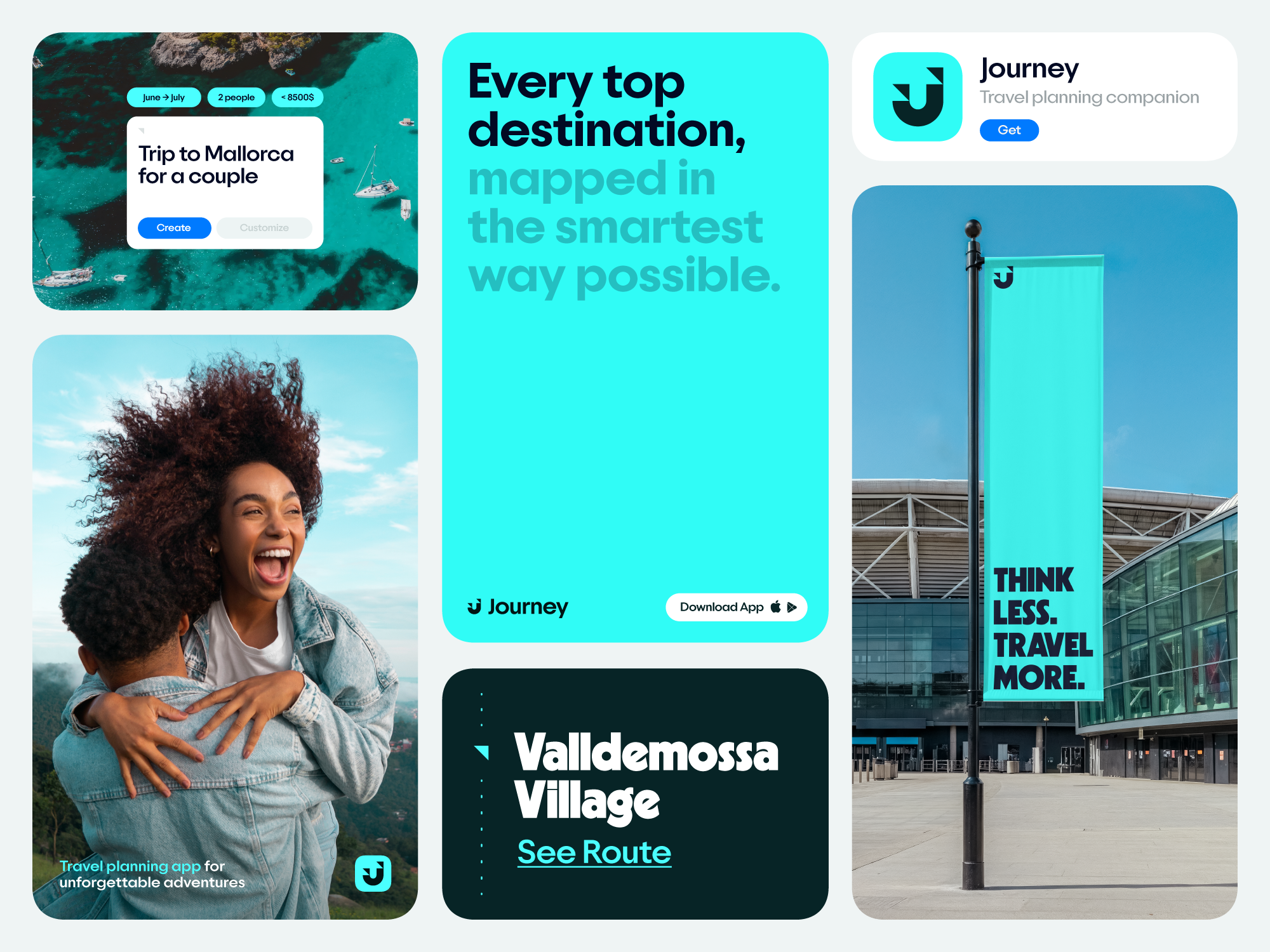 Journey — Travel planning companion adventure app design artificial intelligence brand identity branding cyan destination explore logo logo design logotype modern branding modern logo startup branding tech branding travel travel app travelling trip vibrant