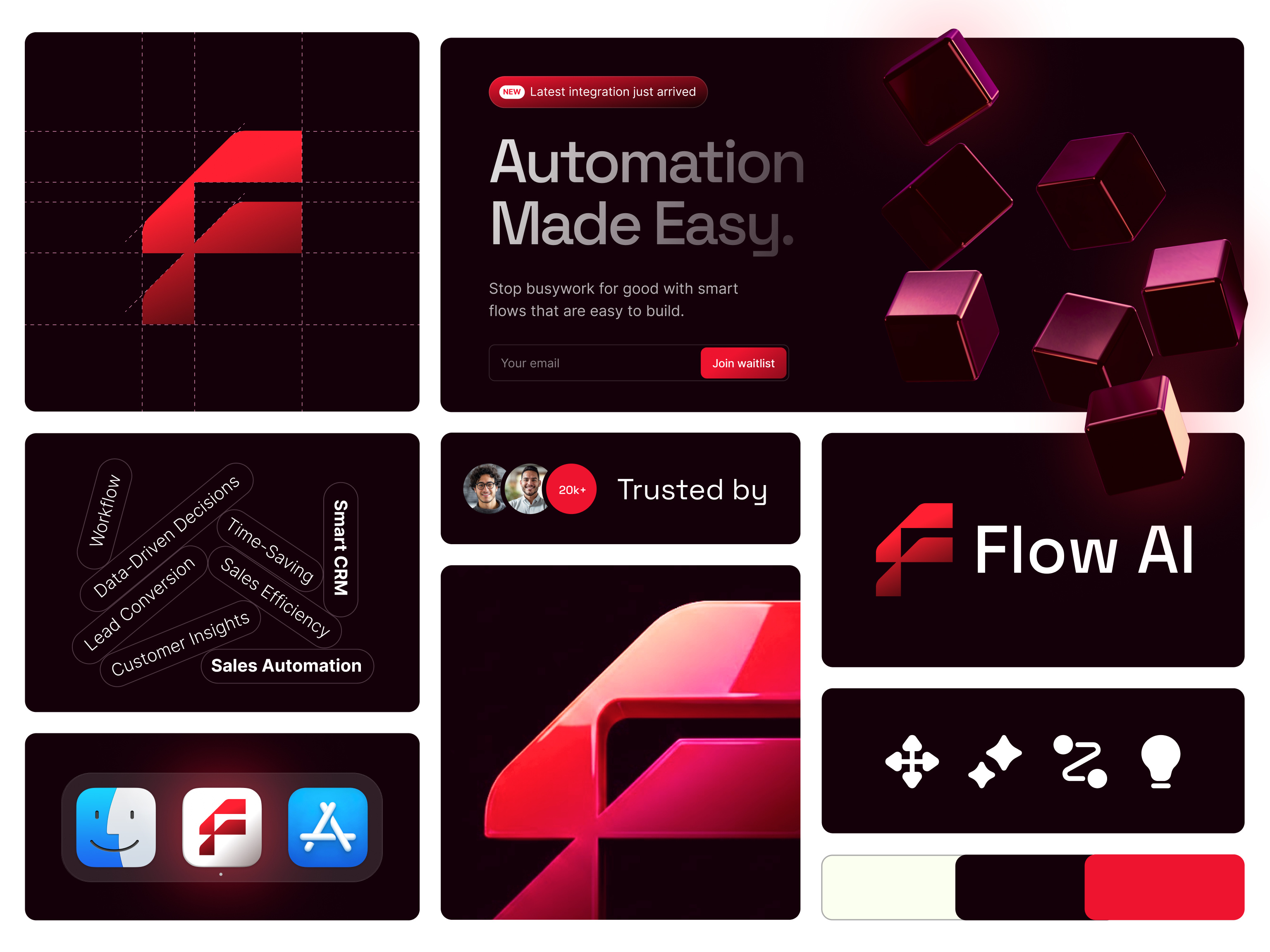 Flow AI - AI Workflow Automation Branding abstract f ai logo ai workflow automation automation logo cutting edge flow ai. geometric design grid system minimalist logo modern ui n8n logo red gradient saas identity tech branding workflow automation workflow logo