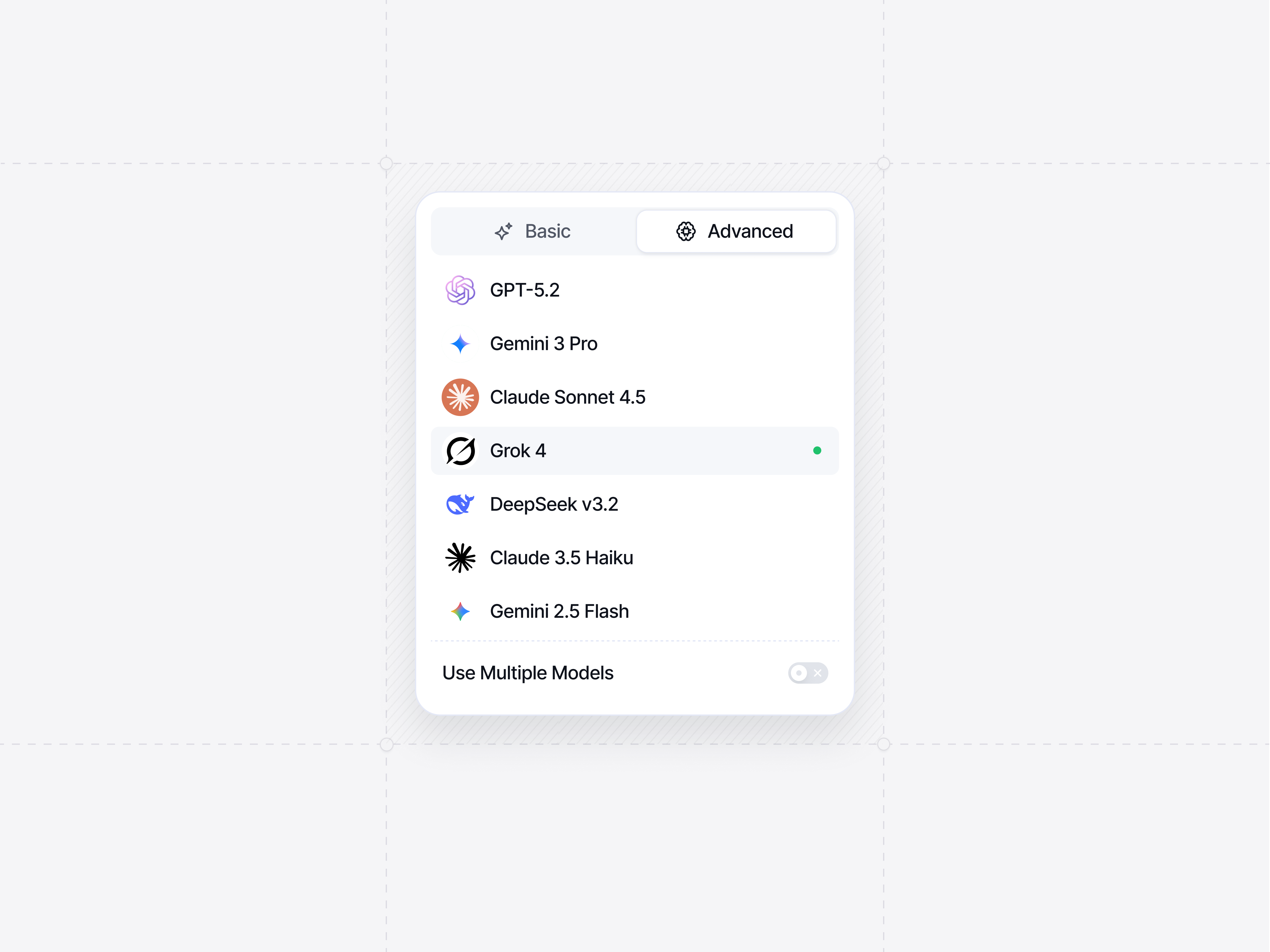 Multi-Model AI Selector Modal ai assistant model ai model ai model dropdown ai model switcher ai platform ai system settings ai ux design chat ai claude gemini gpt large language model picker llm llm selection modal model configuration model selection model selector ui multi llm multi model ai saas ai