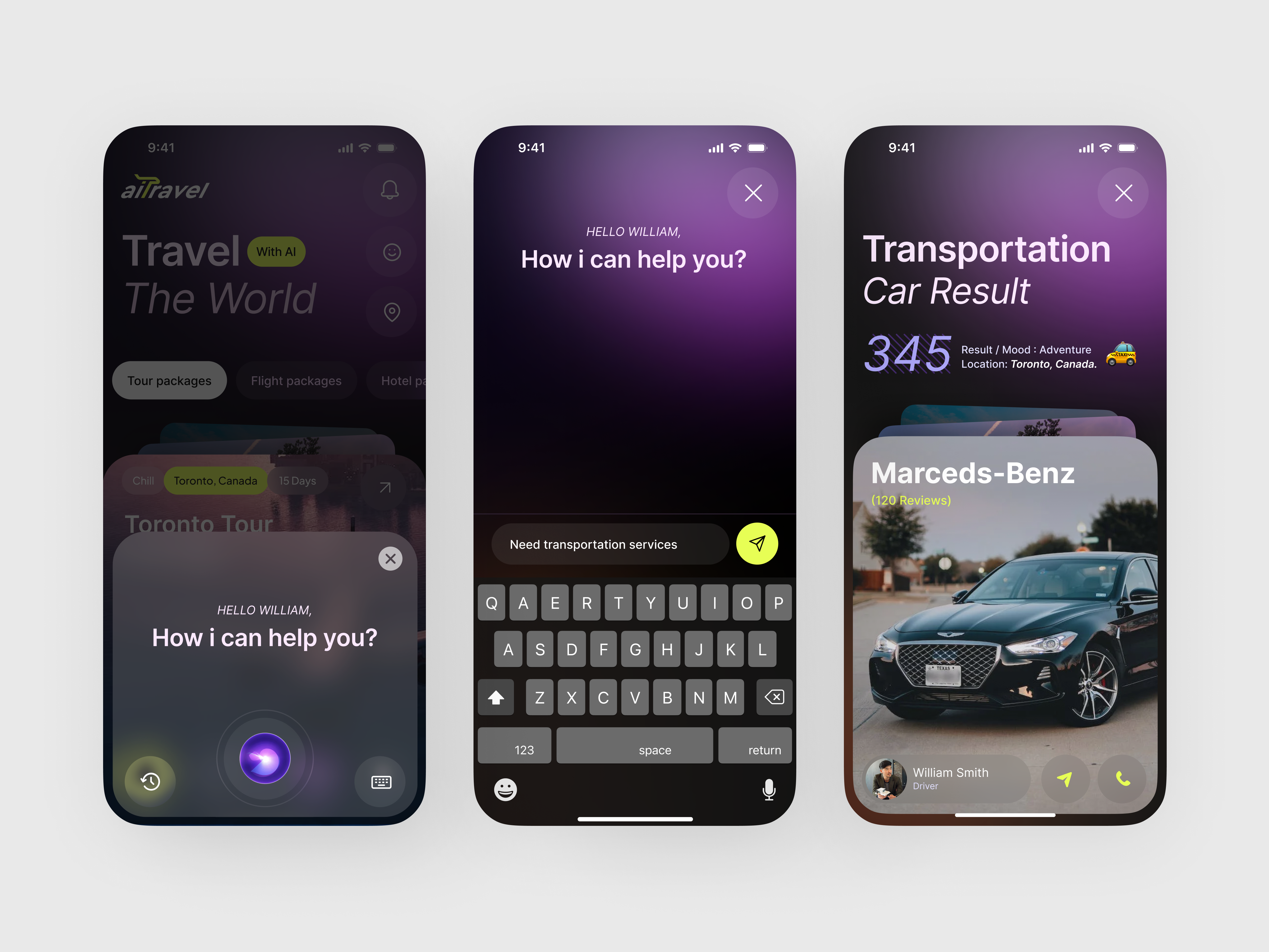 AI Travel Assistant App | Smart Trip & Transportation UI ai assistant app ui ai chat interface ui ai chatbot travel app ui app app design dark mode travel app ui ios app ui design luxury car rental app ui mobile modern mobile app design product design transportation mobile app design travel assistant app design travel booking app design travel planner app ui vehicle booking app