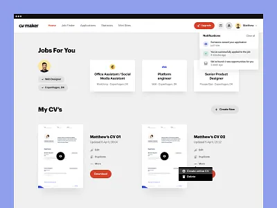 CVMaker - Dashboard Home cards dashboard design modals navigation platfrom product saas ui ux