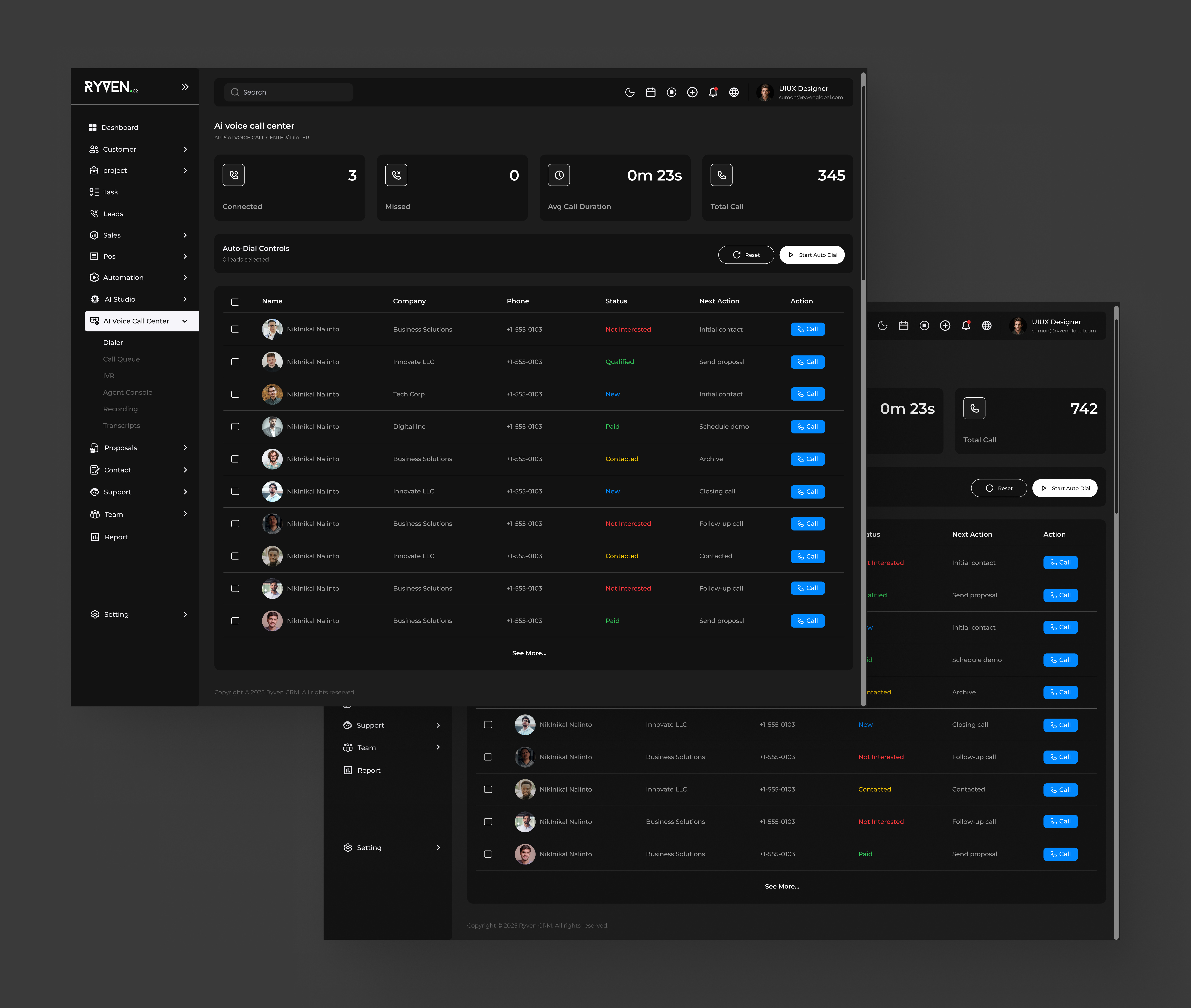Ryven CRM — AI Voice Call Center (Dark Mode) ai voice call center aicrm aidashboard aidesign artificialintelligence callcenter crm darkmodeui darkui futureofwork productdesign saasdashboard saasdesign uidesign uxdesign uxui voiceai webappdesign