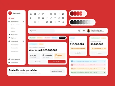 Design System alerts branding buttons cards cash colors components davivienda design system figma graphic design icons library menu money sidebard tags type ui