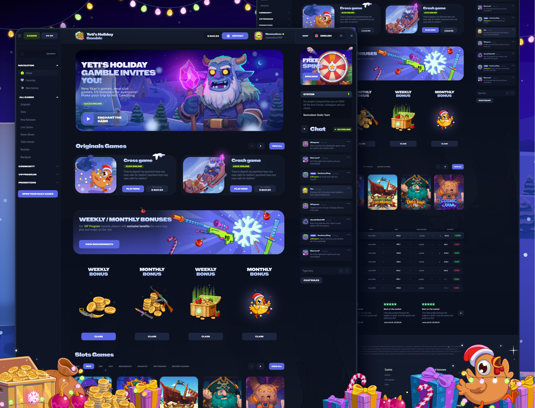 Yeti's Holiday Gamble: Home page (Casino Online) case opening casino casino design crash game cross game csgo dark theme gambling game interface home page landing page main page page slots ui uiux web design website