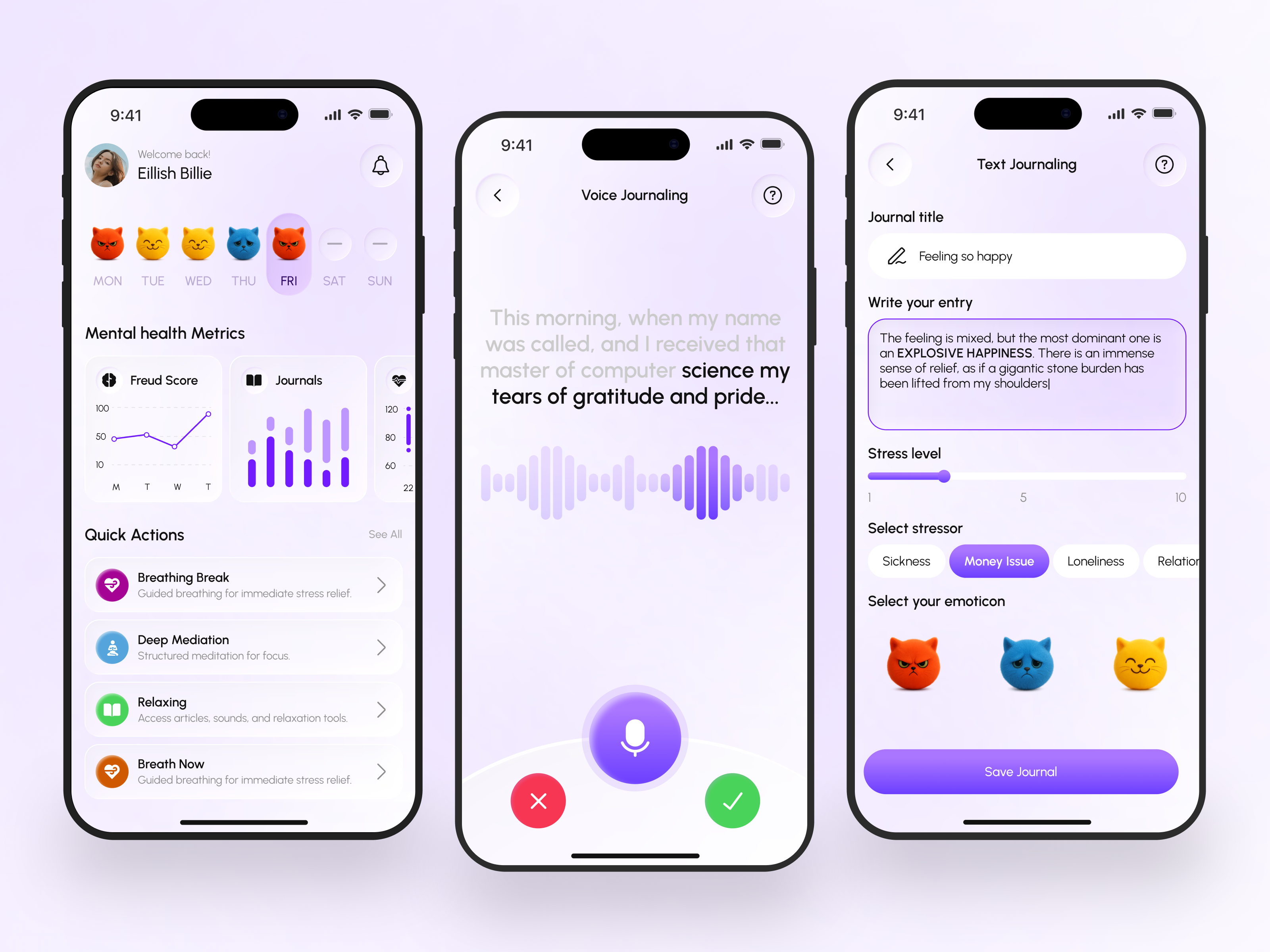 Conscio - Mental Health Journaling App clean emotion expression freud app graphic design health app journaling mental health mobile app mentalhealth minimalist mobile mobile app mobile ui design mood moodtracking reflect ui uiux voice visualization wellness