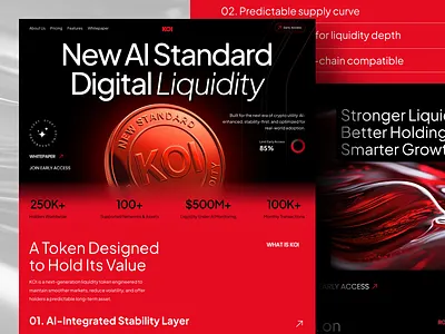 AI KOI - Cryptocurrency Website Landing Page ai blockchain crypto dark ui defi digital finance fintech investment landing page liquidity modern red saas token trading ui ui design web design web3 website design