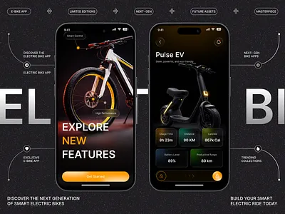 ELECTRIC BIKE APP app interface crm cyclist dark ui dashboard ui ebike eco friendly electric bike futuristic ui iot app mobile app mobility app product design route saas smart mobility tracker tracking app transportation vehicle app