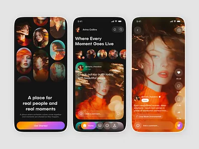 Live Stream Social Media Mobile App app design community creator dark ui live streaming live video app modern ui realtime reels app short reels social media app streaming uiux