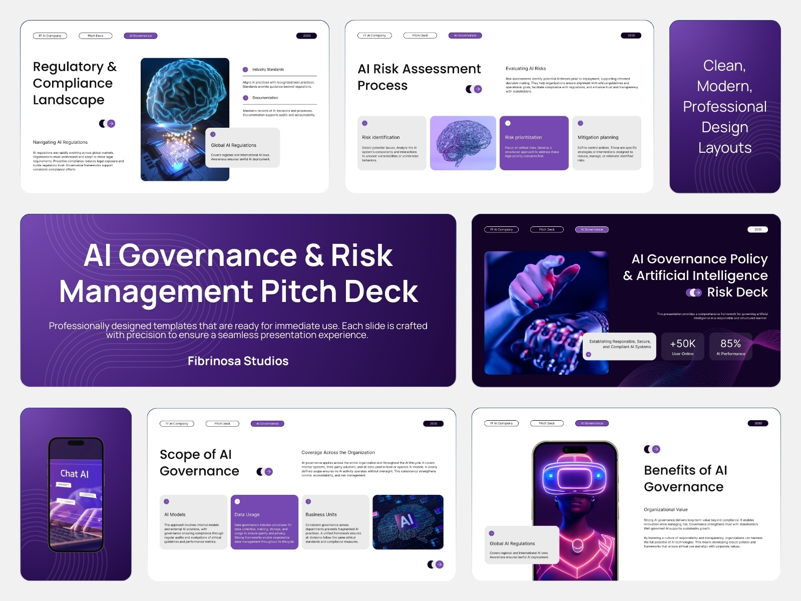 AI Governance & Risk Management ai ai slop artificial intelligence compliance cyber security data envato fibrinosa governance hacking policy powerpoint presentation purple risk security template white purple