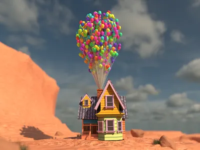 Floating House with Colorful Balloons 3d adventure animation balloons cartoon cinematic colorful concept desert dream floating house illustration imagination render sky story surreal tags: fantasy whimsical