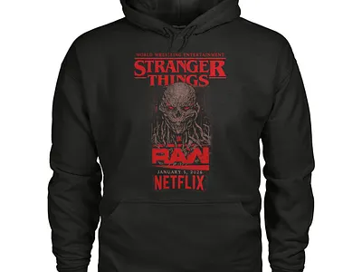 Stranger Things X WWE Raw Hoodie Sweatshirt crossover hoodie design dark aesthetic hoodie entertainment crossover design graphic hoodie design hoodie sweatshirt design modern streetwear concept pop culture streetwear stranger things hoodie typography apparel wwe raw hoodie