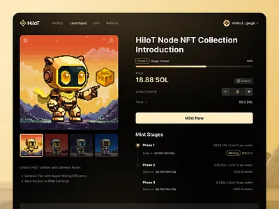 HiIot - Node NFTs and NFT website designed app interface crypto dark mode depin ecosystem fintech illustration mint mobile app nft pixel art solana space ui design ux web3 webdesign
