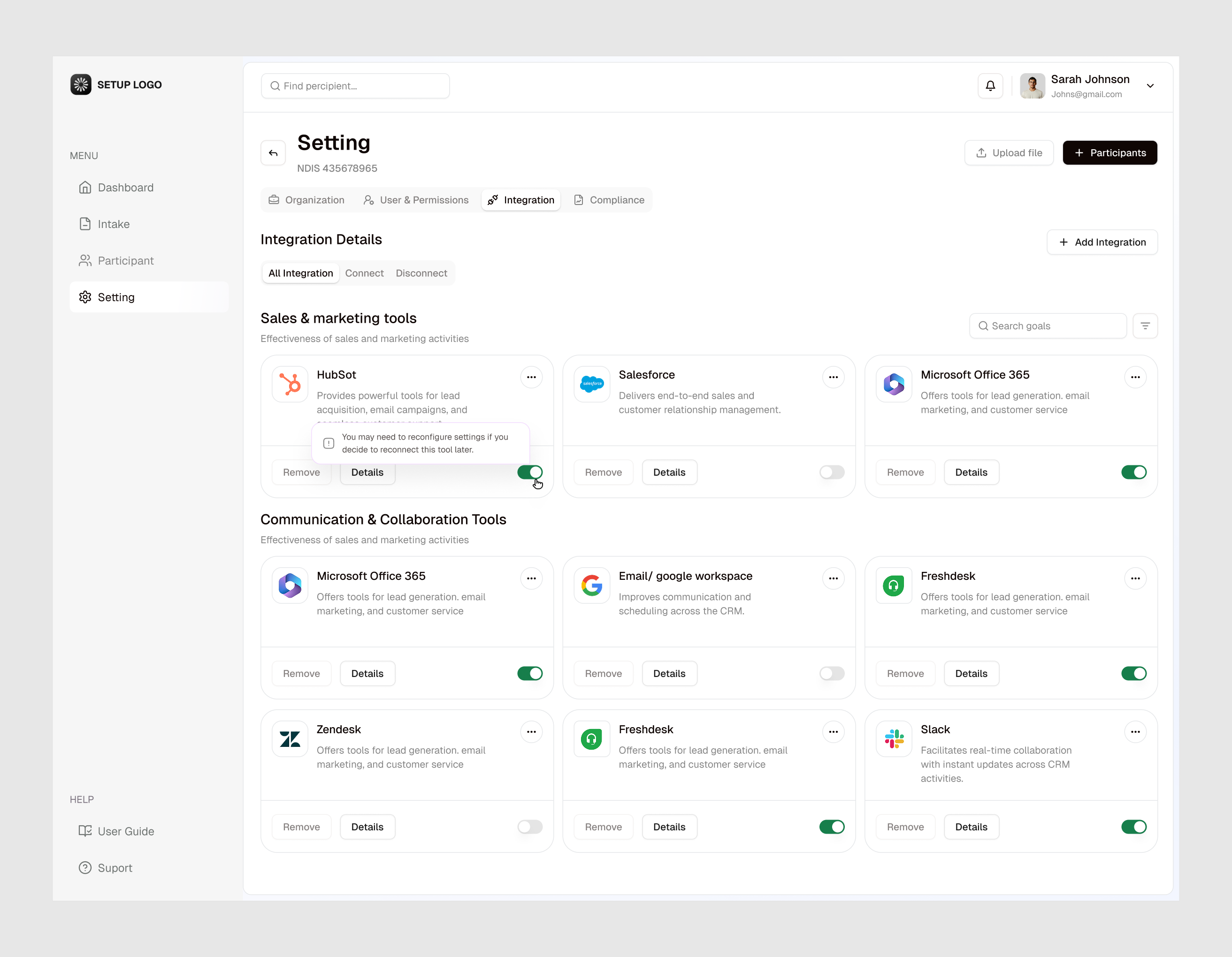 Settings — App Integrations app design connected apps crm dashboard integration settings integrations integrations page navigation product design quick actions saas app setting settings — app integrations software ui ux web web app